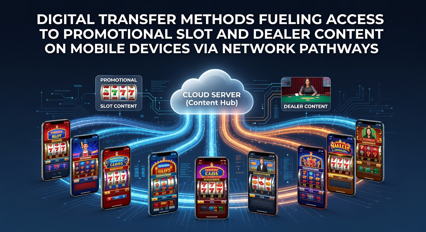 Mobile device displaying slot game interface connected through network pathways with promotional overlays