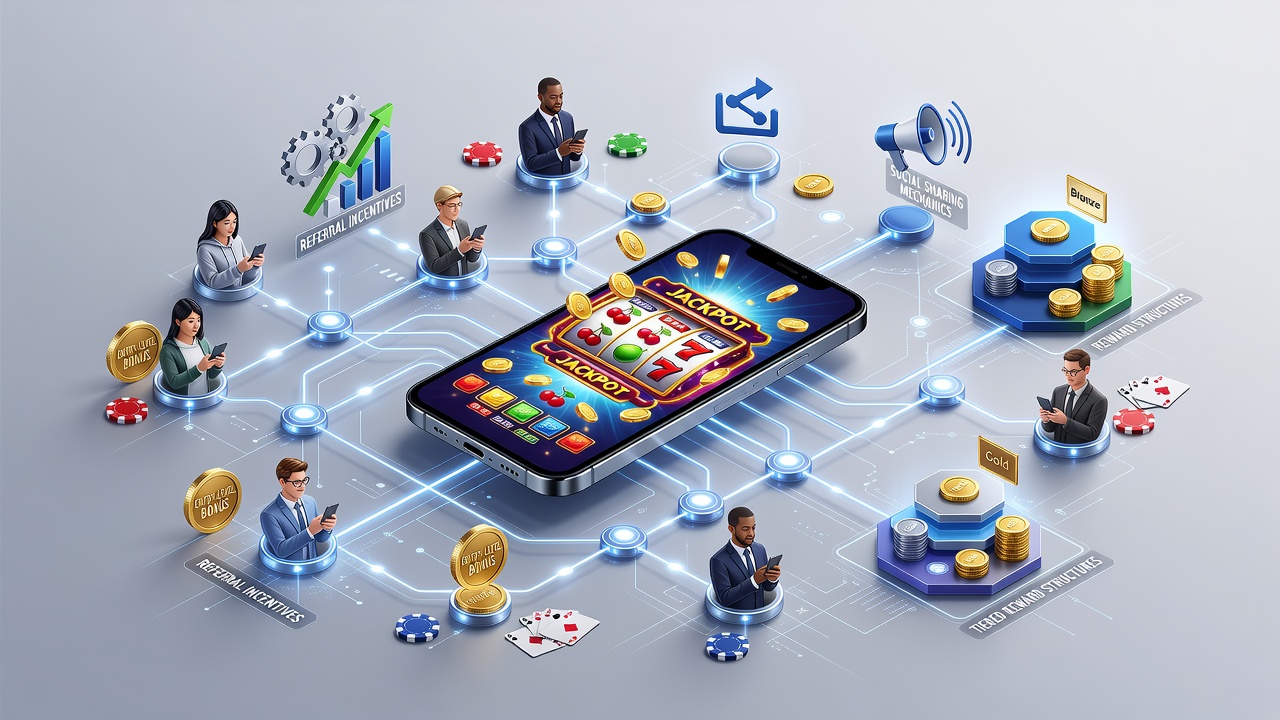 Referral networks driving entry-level reward structures in smartphone slot and table game platforms