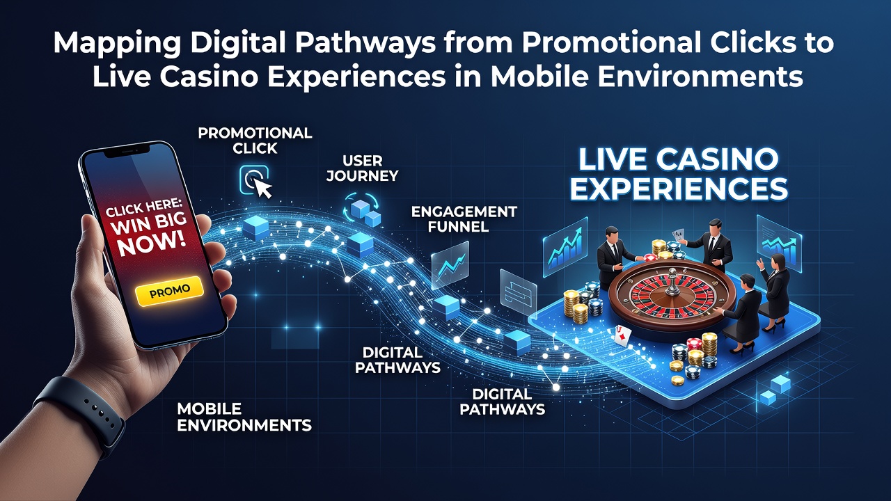 Illustration of mobile device pathways showing promotional clicks leading to live casino interfaces