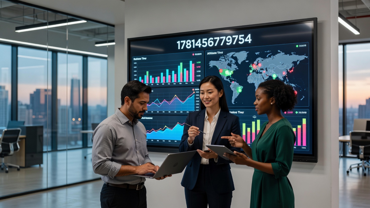 Affiliate marketing team analyzing casino player acquisition data on multiple screens