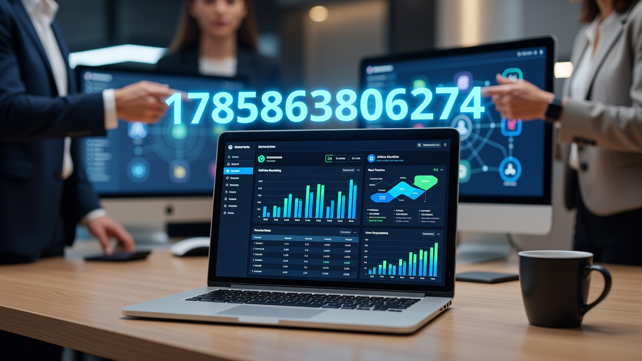 Online casino affiliates reviewing performance metrics on multiple screens in a modern workspace