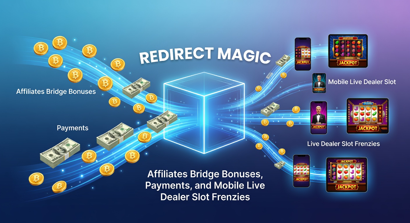 Digital graphic showing affiliate redirect arrows connecting bonuses, payment streams, adn vibrant mobile slot interfaces with live dealers