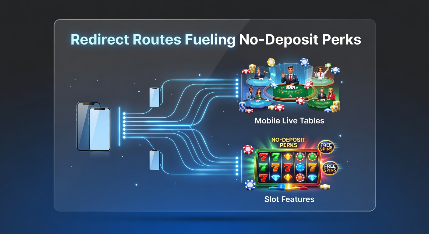 Mobile casino interface showing redirect pathways linking affiliate promotions to live table and slot games with no-deposit perks