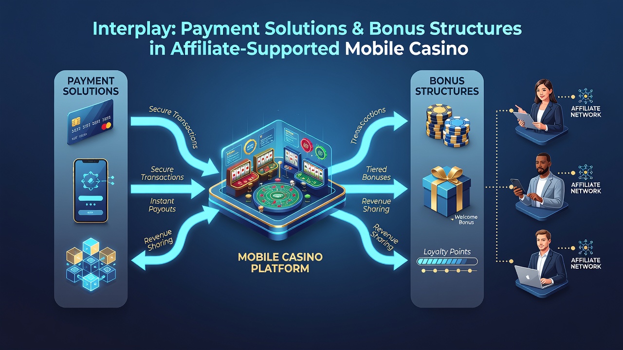 Infographic showing connections between affiliate networks, mobile payment gateways, and bonus structures in casino apps