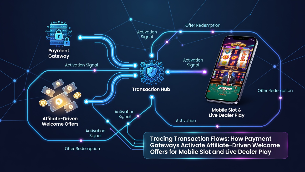 Diagram illustrating payment gateway transaction flows connecting affiliate networks to mobile casino welcome offers