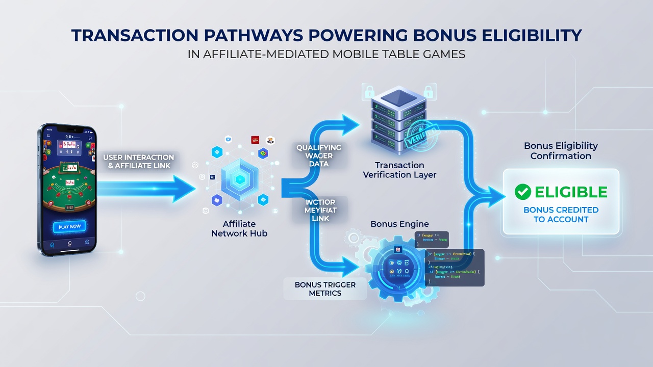 Diagram illustrating affiliate network connections to payment processors and bonus eligibility systems in mobile casino environments