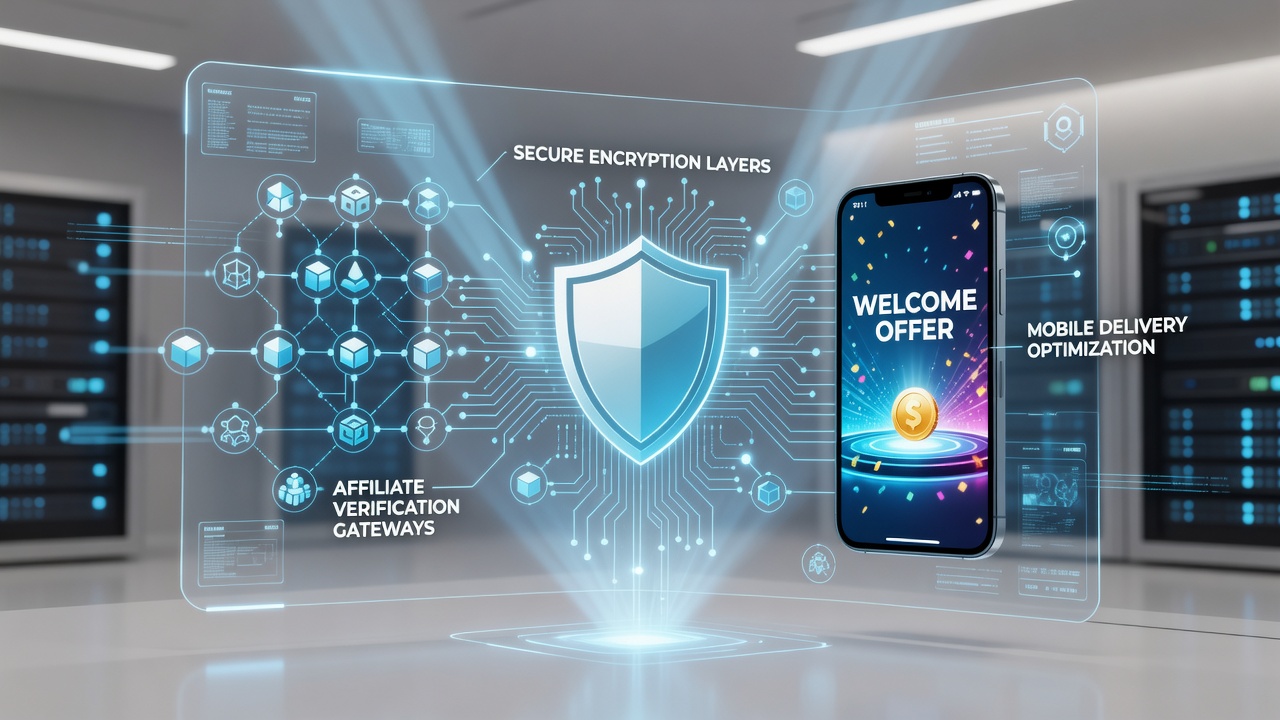 Diagram showing encrypted data flow between affiliates, payment processors, and mobile casino systems