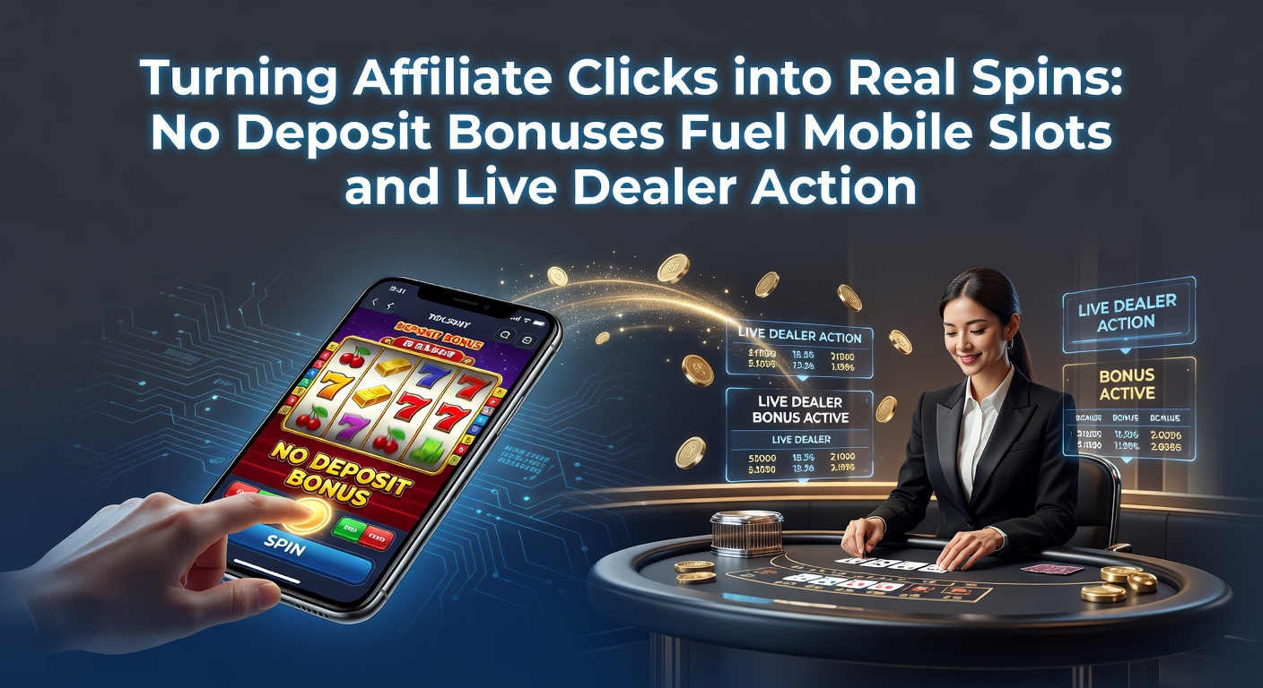 Vibrant mobile slot screen with spinning reels and a no deposit bonus popup, highlighting affiliate conversion paths